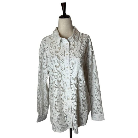 Pilcro Shirt Women Small White Lace Lacey Button Down Top Boho Cottagecore - Picture 2 of 15